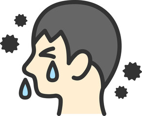 花粉症の、男性の横顔のアイコン（線画カラー）のイラスト