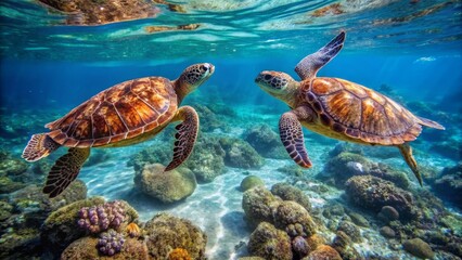 Two Sea Turtles Swimming Gracefully Above Vibrant Coral Reef