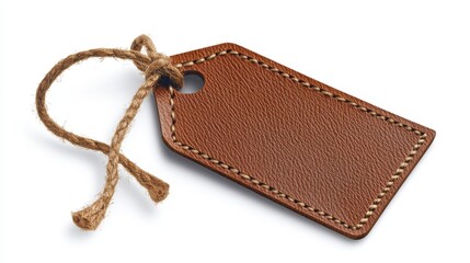 Brown leather tag with string on white background for labeling use