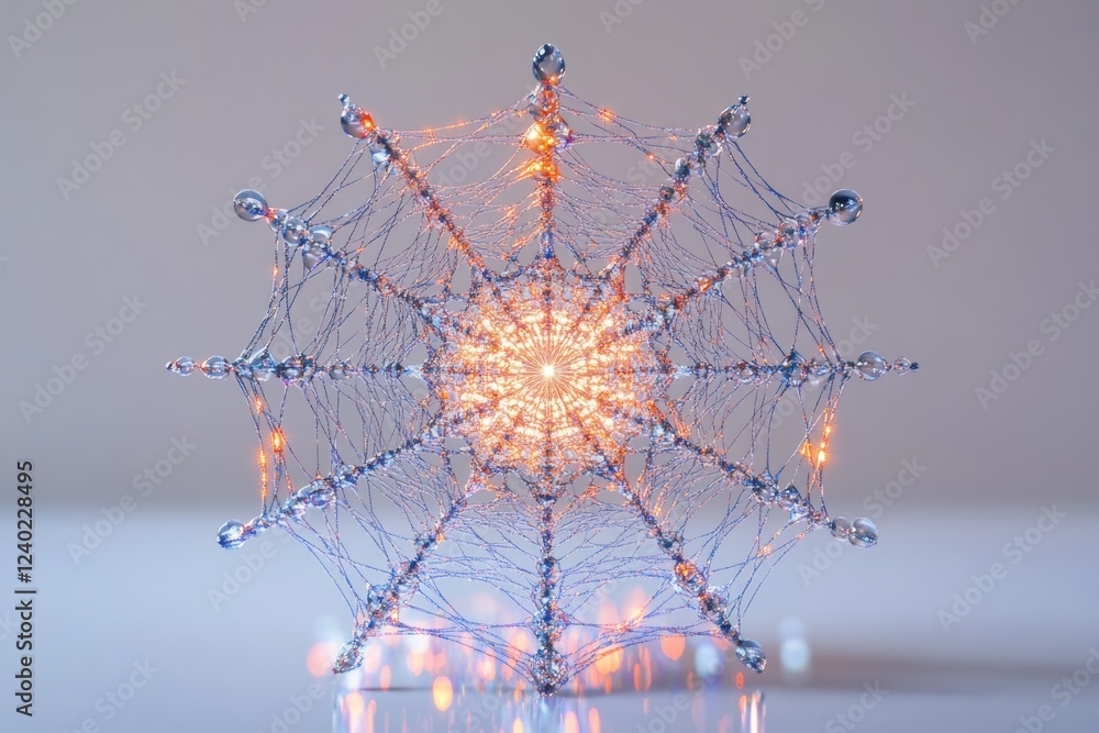 Poster intricate snowflake-like structure with glowing center, adorned with water droplets.