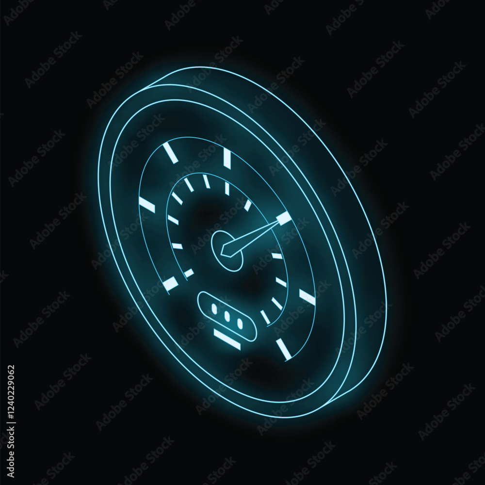 Poster glowing blue speedometer measuring performance with glowing lines on a black background