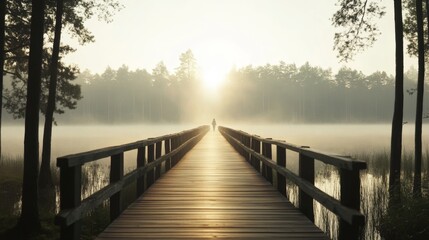 Fototapeta premium Solitary figure walks on misty lake bridge at sunrise