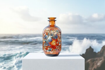 Obraz premium Ornate amber glass bottle with floral design, displayed against a scenic ocean backdrop.