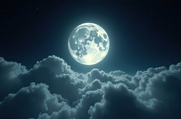Obraz premium A bright full moon shines above soft, billowing clouds. Conveys a sense of peace, tranquility, night, and dreams. Suitable for meditation websites, sleep aid apps, or designs needing a calming and ser