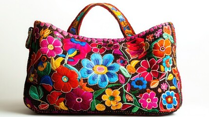 Textured fabric handbag with vibrant floral patterns and intricate stitching on a clean white backdrop.