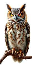 Majestic Owl with Piercing Eyes Perched on a Branch Against White Background