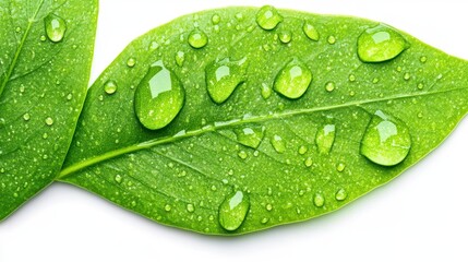 Fresh Green Leaves with Water Droplets on a White Background