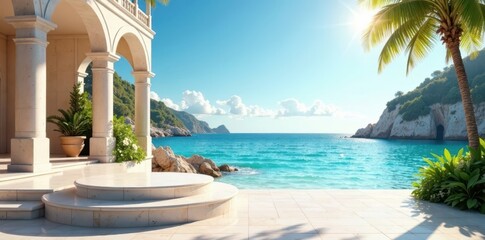Obraz premium Serene Coastal Villa with Sunlit Steps Leading to a Tranquil Azure Sea