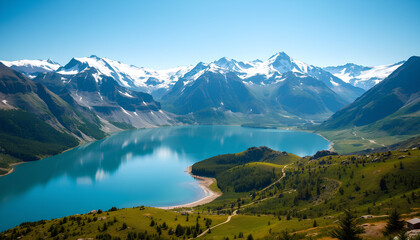 Fototapeta premium Beautiful View of Lake Surrounded by Snowy Mountains and Green Valleys