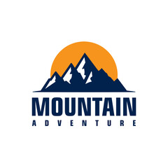 minimalist silhouette mountain logo with sunset behind
