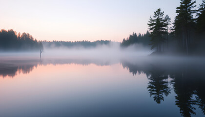 Fototapeta premium Serene Lake Landscape with Mist and Trees at Sunrise