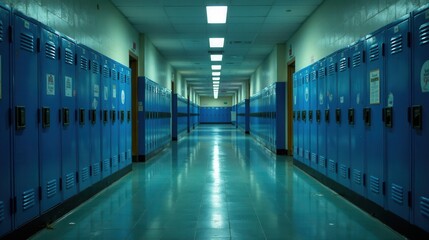 Empty School Corridor with Rows of Blue Lockers at Night