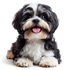Happy Lhasa Apso puppy studio shot, white background, pet adoption