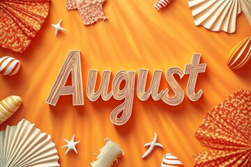 The word "August" styled with sun rays and beach patterns on a warm orange background.