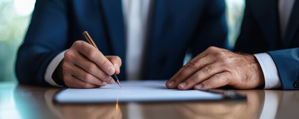 Business partners signing contract with focus and determination
