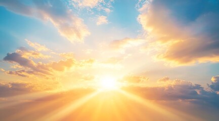 Obraz premium Sunset sky cloudscape, sun rays, peaceful scene, hope concept