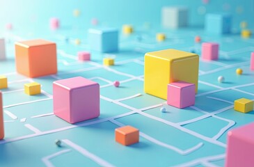 Pastel-colored cubes float or are scattered across a light blue grid surface, with a soft pink-to-purple gradient in the background. Conveys a fun, cheerful, gentle, and minimalist feel. Suitable for 