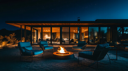 Fototapeta premium A modern home at night with a cozy fire pit surrounded by chairs, creating a warm and inviting atmosphere in a serene outdoor setting.