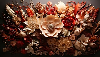 Dried flowers and sculpted elements arranged in a dense, intricate composition.