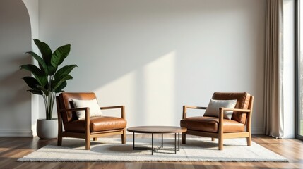 Serene Living Room Design with Two Leather Armchairs and a Coffee Table on a Plush Rug