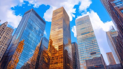 Fototapeta premium Urban Skyscrapers Against a Bright Blue Sky with Clouds