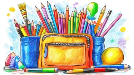 Colorful pencils, crayons, and art supplies in a pouch.