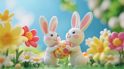 Obraz premium Festive 3D clay easter scene with adorable bunnies holding a colorful egg in a spring meadow, symbolizing joy and celebration