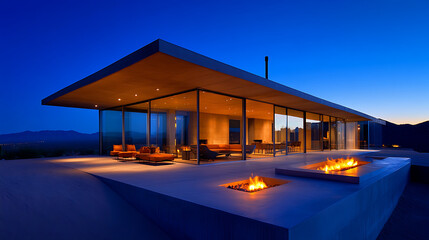 Fototapeta premium A modern architectural home with large windows, a flat roof, and outdoor fire pits, set against a twilight sky.