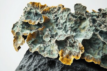 Obraz premium A close-up view of a textured lichen, exhibiting a blend of grey-green and golden-yellow hues on a dark rock.