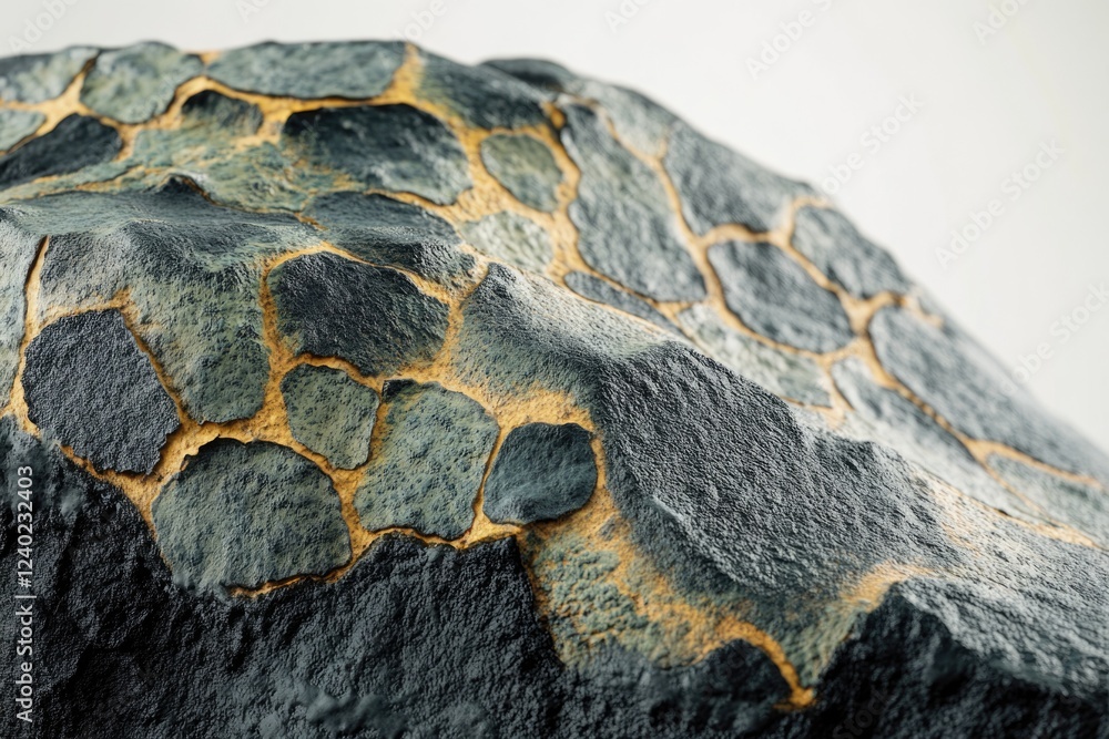 Poster close-up view of a dark grey rock with a unique pattern of yellow veins, resembling a textured surfa