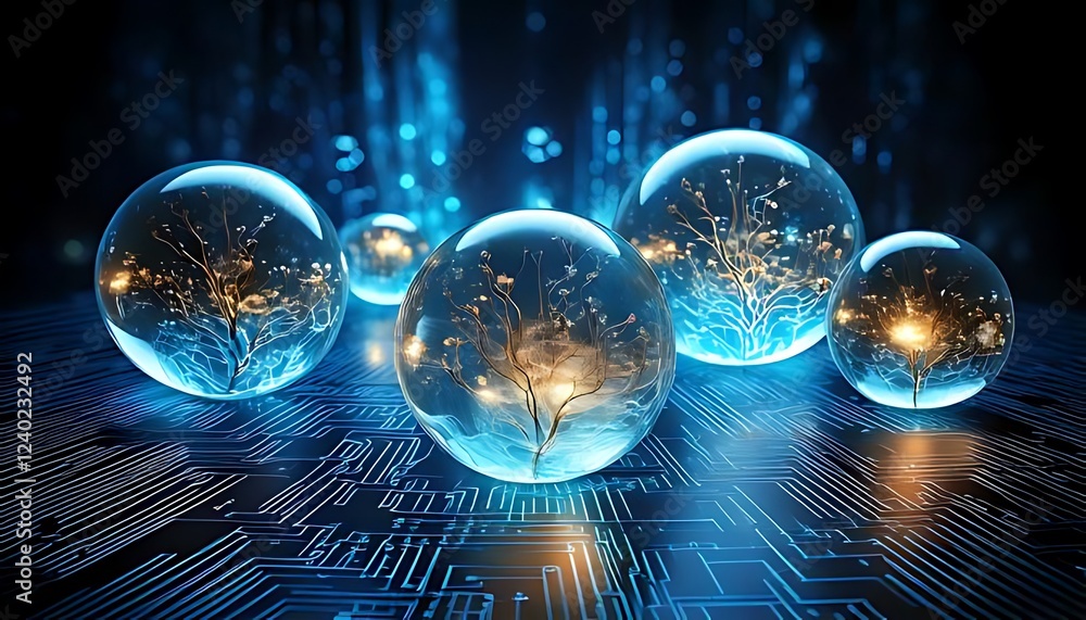 Fototapete glows from organic structures within transparent spheres are placed on a circuit pattern with a cool