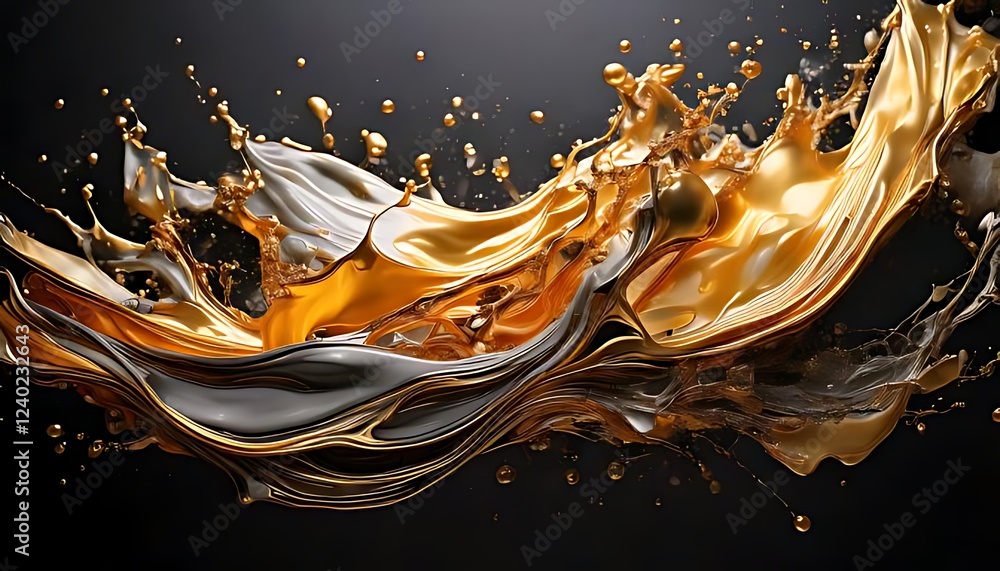 Poster gold and gray liquid splashes and flows, creating an abstract, dynamic composition.