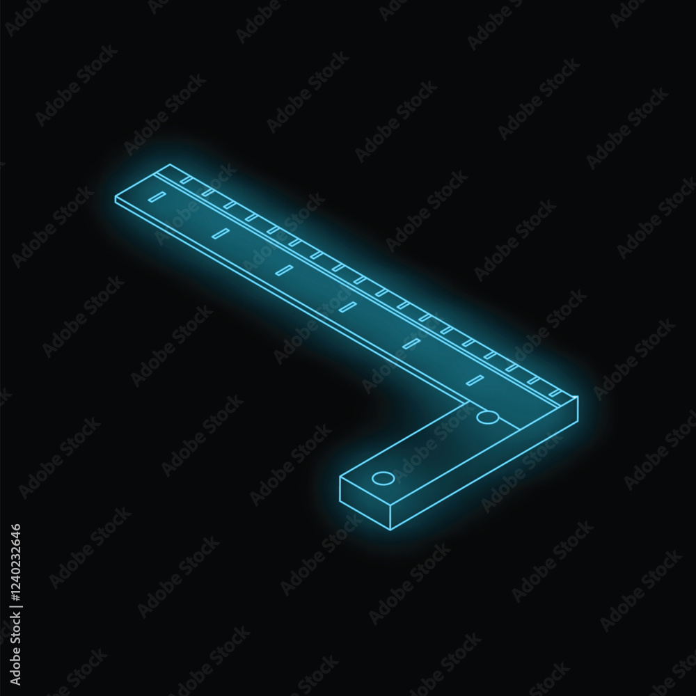 Poster neon glowing outline of a try square ruler tool on a black background
