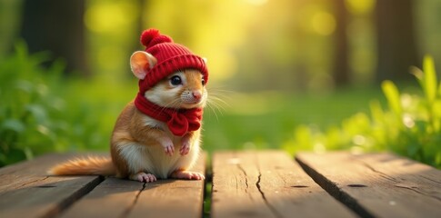 Obraz premium Adorable rodent wearing a cozy red winter hat and scarf, perched on a rustic wooden bench in a sun-dappled park setting.