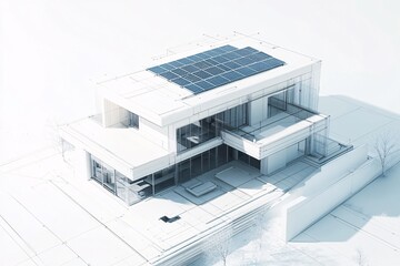 3D rendering of modern eco-friendly house with solar panels, architectural blueprint overlay, sustainable living, futuristic home concept