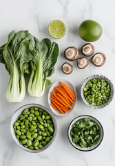 Obraz premium Flat lay for healthy food, asian food preparing ingredient, top-view. Bok choy, edamame, mushrooms and fresh green onion. Healthy lifestyle, balanced vegetarian dish.