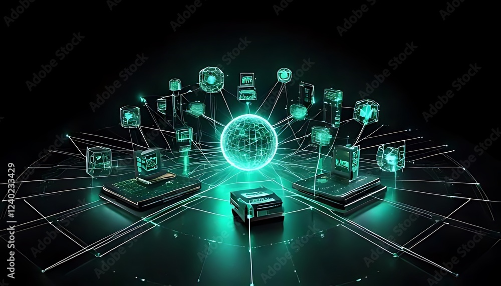 Poster interconnected digital devices surround a glowing central sphere by lines with a dark reflective bac