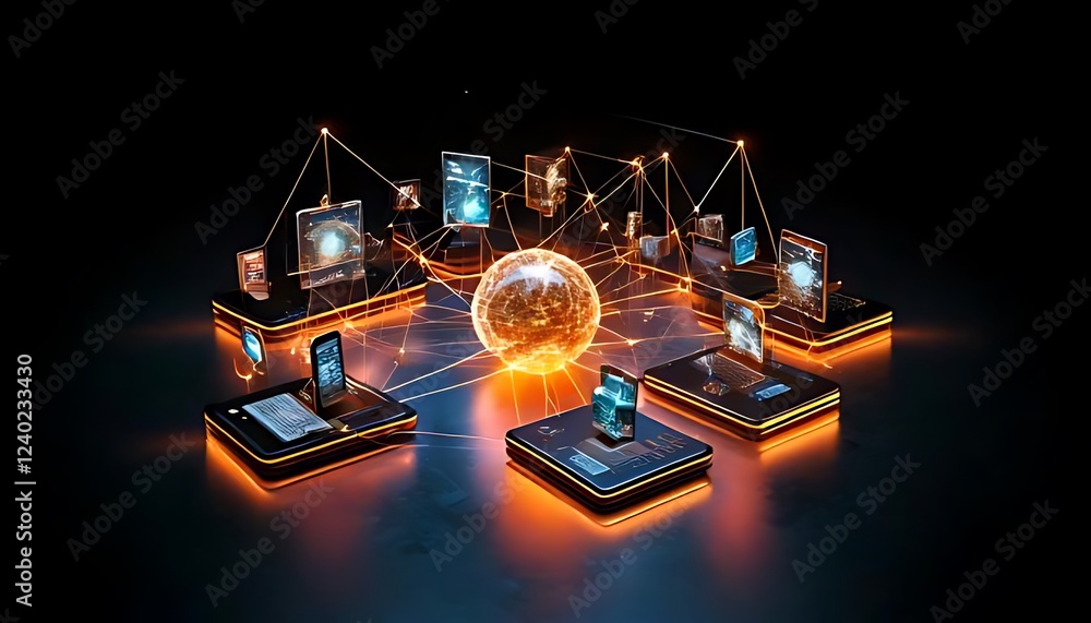 Poster interconnected digital devices surround a glowing central sphere by lines with a dark reflective bac