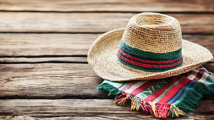 Straw hat, poncho, rustic wood.  Summer vacation, travel blog