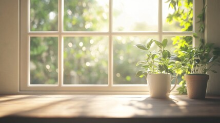 Fototapeta premium Sunlit windowsill plants, garden view, home, morning calm