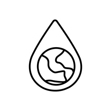 ikon garis hemat air, Tetesan air dengan bola dunia di dalamnya. Sempurna untuk konservasi lingkungan, keberlanjutan, isu global, konsep perubahan iklim. Bumi dalam tetesan.