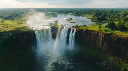 Fototapeta premium Majestic waterfall cascading into lush greenery, vibrant natural landscape with clear skies, perfect for relaxation themes.