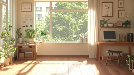 Fototapeta premium Sunny home office with plants, desk, and city view