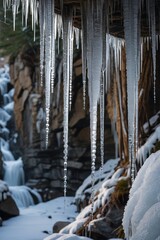 arafed icicles hanging from a roof in front of a waterfall