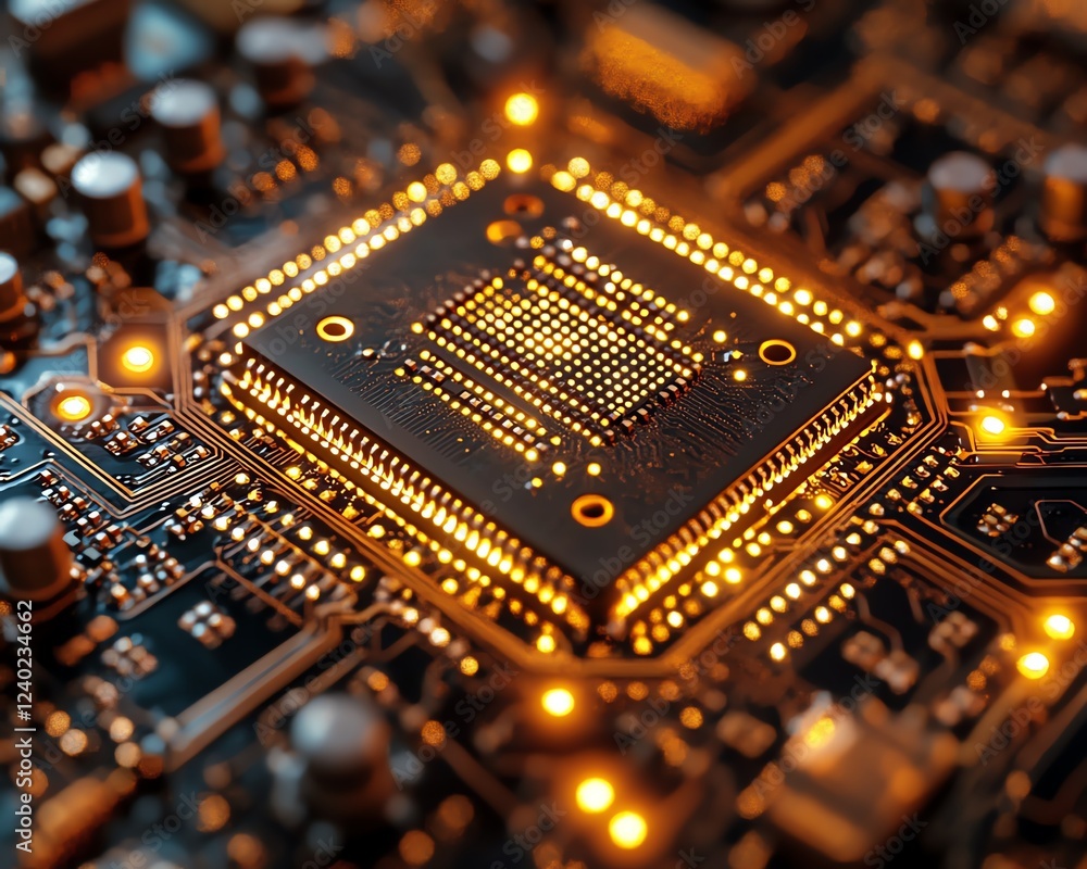 Poster liquid gold chip installed on motherboard, glowing smart processor circuits, fast conductor, 3d tech