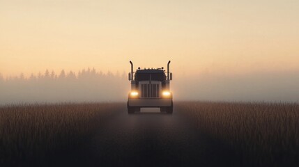 Fototapeta premium Sunrise Truck Drive Rural Field Foggy