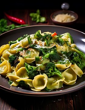 Orecchiette alle cime di rapa is ear-shaped pasta with broccoli rabe, garlic and chili.