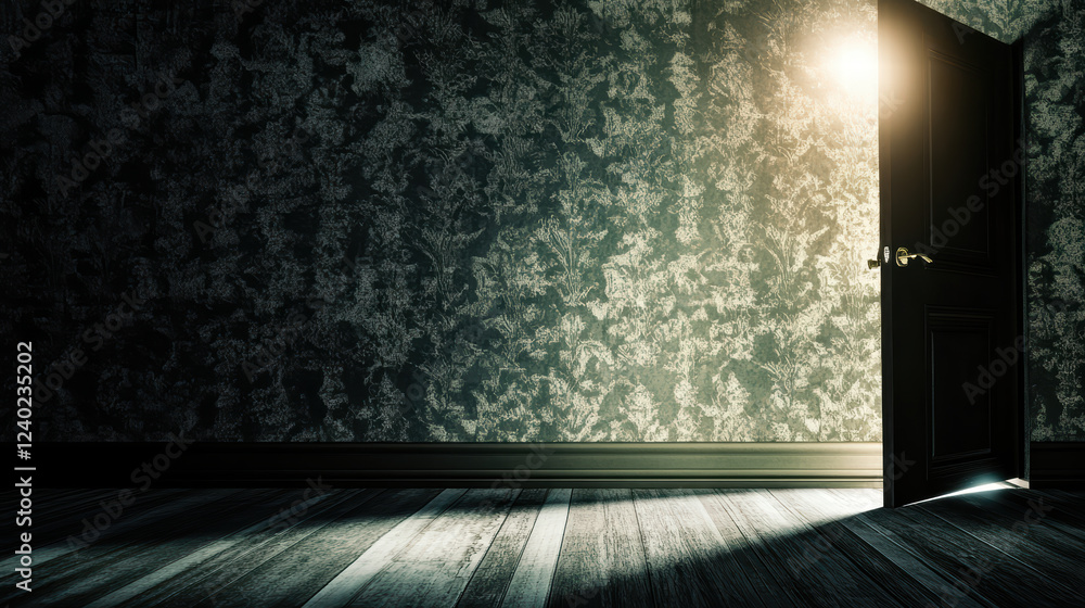 Poster dimly lit room with partially open door, casting soft light onto floor, creates mysterious and invit