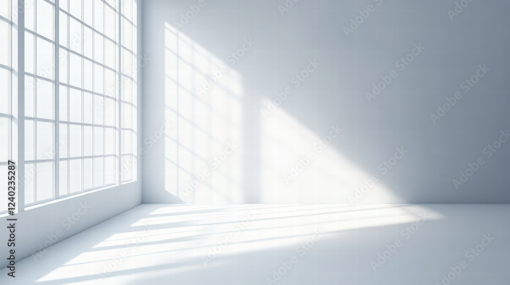 Poster bright, empty room with large windows casting soft shadows on floor, creating serene atmosphere. lig