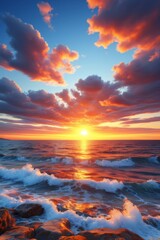 Fototapeta premium sunset over the ocean with waves crashing on the rocks